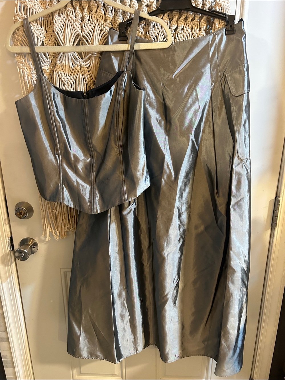 Sleeveless Satin Two-Piece Dress Set in Silver